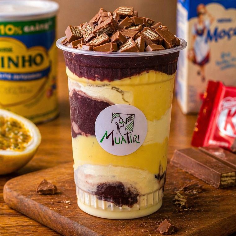 Copo de açaí em camadas com creme de maracujá e pedaços de chocolate