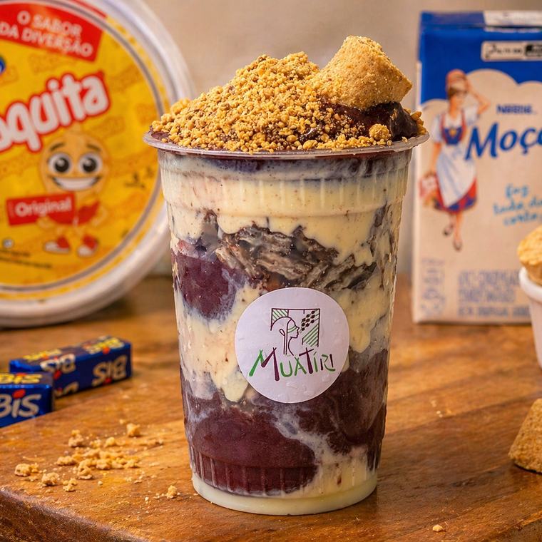 Copo de açaí em camadas com creme claro e paçoca por cima